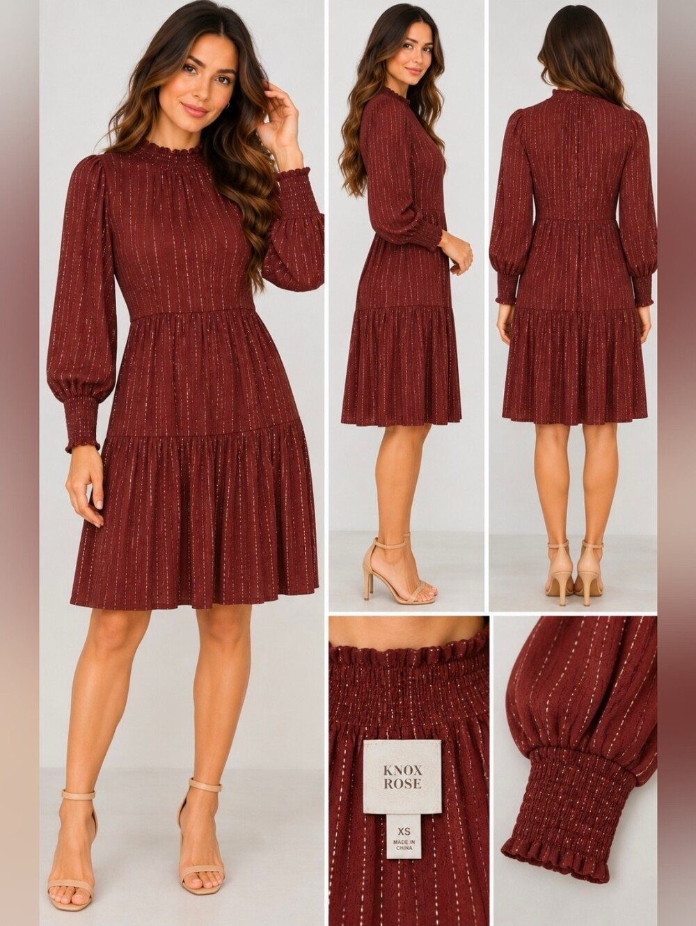 Burgundy Metallic Stripe Tiered Midi Dress XS NWT